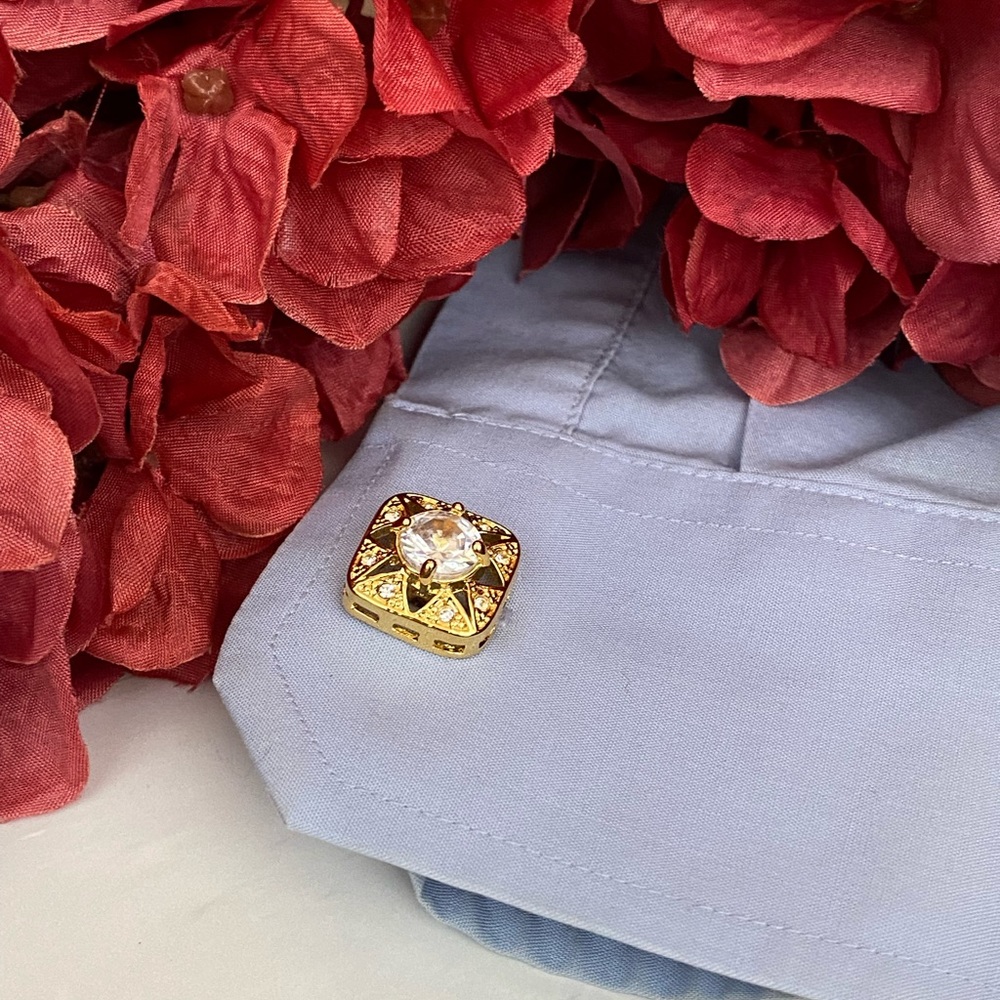Elegant Rounded Square Gold Crystal Cufflinks - Picture 7 of 16